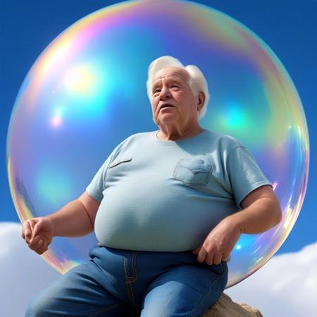 <lora:iridescent_bubble_SDXL:0.7>, iridescent bubble, old man, floating, full body, fat man, t-shirt, denim, realistic, day, sky, lying