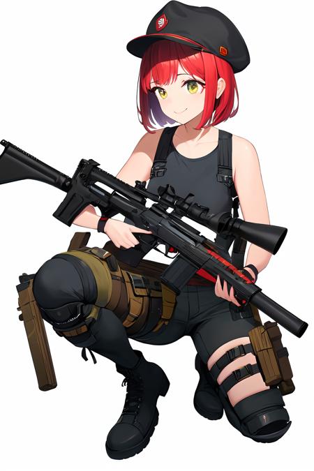 ((masterpiece)), (best quality), highres, ultra-detailed,
nikke_type3, nikke, 1girl, ak-47, ar-15, assault rifle, red hair, boots, bullpup, finger on trigger, full body, gloves, grenade launcher, gun, h&k hk416, h&k ump, handgun, hat, heckler & koch, holding, holding gun, holding weapon, holster, holstered weapon, kalashnikov rifle, knee pads, m16, m4 carbine, machine gun, magazine \(weapon\), p90, pants, pistol, rifle, scope, shirt, short hair, shotgun, sig sauer, simple background, sniper rifle, solo, squatting, submachine gun, suppressor, tank top, thigh holster, thigh pouch, trigger discipline, weapon, white background, smile,  <lora:Nikke:0.9>