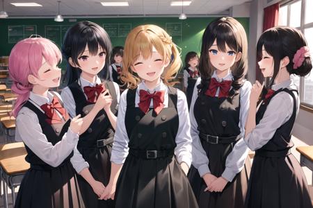 NSFW,6+girls,group shot,group picture,in classroom,chair,desk,((BPD,black pinafore dress,long skirt:1.2),red bowtie,belt:1.2),lips,super happy smiling, open mouth, closed eyes,french_braid ,hair scrunchie, hair_ornament,various color hair,(perfect lighting,side lighting,light leak,nice hands, perfect hand,perfect anatomy),(best quality), (masterpiece), detailed,absurdres, (illustration),an extremely delicate and beautiful,game_cg,  <lora:GoodHands-vanilla:1.2> <lora:BPD2_0.5_WEAR:1>