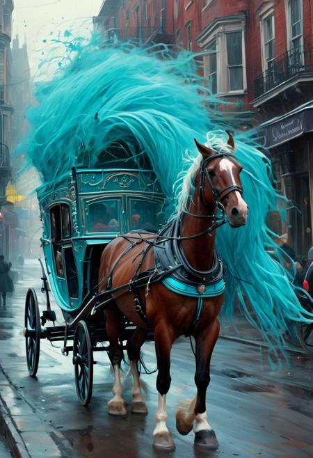 a painting of  one-horse carriage, plastic hot-cyan outfit, messy hair horse, background, a digital painting, by Justin Gerard, tumblr, dan mumford tom bagshaw, 64x64, on street, moving so fast, cute detailed digital art, painting of beautiful, very stylized, beautiful deep colours