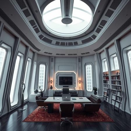 A spacious tall ceiling home office room in the star trek futuristic style, with desk and leather sofa, loft, library modern art,minimalist,  high detailed, 4k, masterpiece