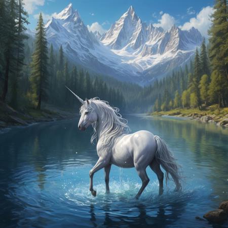 A regal unicorn with a shimmering silver coat, adorned with a delicate horn and flowing mane, splashes through the crystal-clear waters of a serene, wide blue river, its ripples radiating from the unicorn's majestic form. The riverbank is lined with an air of mystery, as dark forests with towering trees, their gnarled branches stretching towards the sky, cast long shadows across the water's edge. In the distance, majestic snow-clad peaks rise into a brilliant blue sky, their rugged contours softened by a veil of mist. The unicorn's expression is one of serene joy, its eyes shining with an otherworldly light as it revels in its watery playground, surrounded by the enchanting beauty of nature.