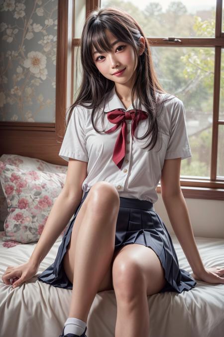 (masterpiece, best quality), (absurdres), (photorealistic:1.4), (ultra detailed, ultra realistic, hyper realistic, 8K, ultra highres:1.2), RAW photo of 20-year-old Japanese idol, (ultra detailed, ultra realistic, hyper realistic, 8K, ultra highres:1.2), (dynamic pose:1.2), bokeh, sharp focus, depth of field, long hair, bangs, BREAK (high detailed skin, detailed skin texture:1.2),  young girl, smiling, lips, slim, detailed eyes, detailed face, Japanese school uniform, serafuku, mini skirt, sitting on bed, bedroom, wallpaper, window, pillow, twisting, leaning, tilt head, knee up, (crossed legs:1.2) <lyco:more_details:0.8>