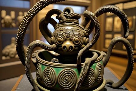 A large number of tourists are visiting a museum and their attention is focused on a single glass display case.  Inside the  display case is a (single:1.4) 3000 year old Ancient bronze pitcher from Shang dynasty of China. The pitcher is much taller than it is wide.    The pitcher is formed in the shape of abstract representation of an ancient eldritch horror_cthulhu with tentacles around its mouth. the one tentacle forms the handle of the ewer.  the bronze face of cthulhu is unmistakable.  The eyes of eldritch horror seem to follow the viewer no matter where he stands and are the same color as the rest of the ewer.  The entire pitcher is decorated in (intricately detailed and complex ancient knotted tentacle motifs that seem to move as the the viewer looks at them:1.5).  The pitcher is made of heavily oxidized bronze that appears green because, and the metal has corroded and crusted in minerals over the centuries since it was crafted.