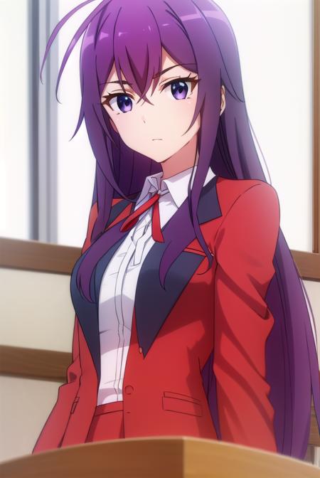 karenkannazuki, <lora:karen kannazuki s2-lora-nochekaiser:1>,
karen kannazuki, long hair, (purple eyes:1.1), purple hair, ahoge,
BREAK skirt, school uniform, blazer, (red blazer:1.5), shirt, white shirt, collared shirt, ribbon, blue ribbon,
BREAK indoors, classroom,
BREAK looking at viewer,
BREAK <lyco:GoodHands-beta2:1>, (masterpiece:1.2), best quality, high resolution, unity 8k wallpaper, (illustration:0.8), (beautiful detailed eyes:1.6), extremely detailed face, perfect lighting, extremely detailed CG, (perfect hands, perfect anatomy),