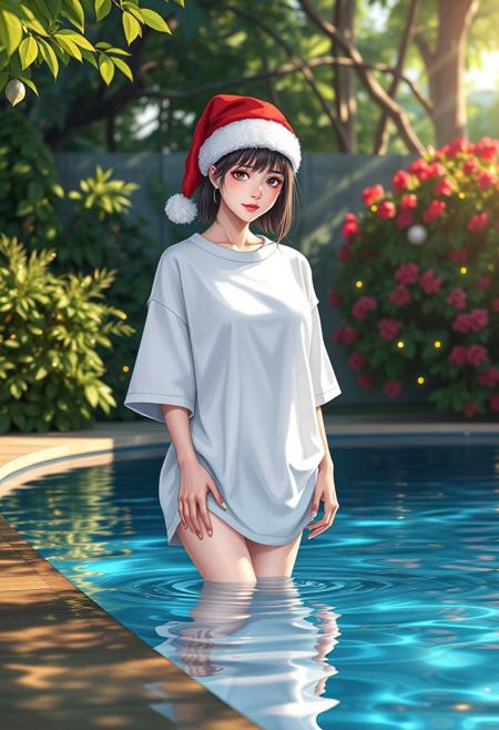 (white skin:1.9, huge breasts), 
A quiet swimming pool surrounded by lush greenery, now adorned with subtle Christmas touches. Soft sunlight filters through the leaves, casting patterns on the shimmering water, while twinkling fairy lights on nearby bushes add a festive sparkle.
Near the pool's edge, a young woman stands with her feet just touching the water. She wears an oversized white T-shirt and a bright red Santa hat, her relaxed gaze fixed on the serene scene before her. The T-shirt flutters in the breeze, droplets clinging to it glistening like tiny crystals.
The air is filled with rippling water and rustling leaves, mingling with the faint chime of Christmas bells in the trees. Light dances across the pool and her figure, creating a tranquil, magical atmosphere filled with holiday warmth.
(detail face:1.9, beautiful face:1.9,  masterpiece, top quality, best quality, official art, beautiful and aesthetic:1.3),(1girl:1.3),extreme detailed,colorful,highest detailed,((ultra-detailed)),(highly detailed CG illustration),((an extremely delicate and beautiful)),