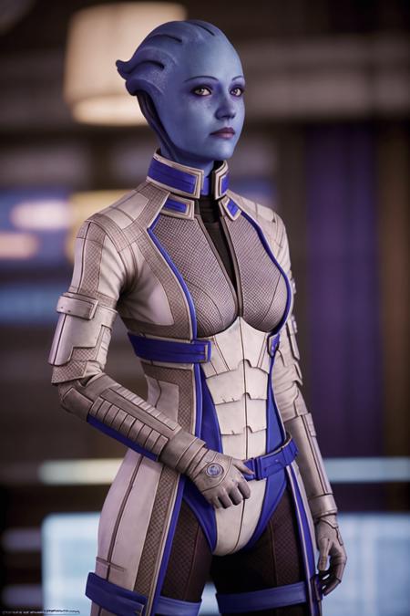 masseffectliara, woman standing at a table (masterpiece:1.2) (photorealistic:1.2) (bokeh) (best quality) (detailed skin:1.3) (intricate details) (8k) (HDR) (analog film) (canon d5) (cinematic lighting) (sharp focus) <lora:masseffectliara:0.7>