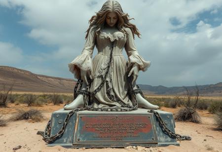 {
"prompt": "In the heart of a desolate landscape, a colossal statue rises, half man, half woman, their body fractured and rattling from the pain of a broken soul. Dressed in a decaying 1700s costume, the intricate lace and embroidery have long been worn by time. Their long, wild hair flows down, further symbolizing their inner chaos. The figure’s feet are shackled to the ground by thick, unyielding chains, locking them in place, a metaphor for their eternal torment.
Their face is etched with suffering, eyes hollow and filled with sorrow. At the base of the statue, instead of cardboard, a large, weathered bronze plaque rests, its surface rusted and pitted with age. The ancient metal is corroded, its edges jagged and uneven, yet the engraving is still legible: 'di vizi ricco e di virtù, do lode alla ragion, ma corro ove al cor piace: morte sol mi darà fama e riposo.' The words, though eroded by time, gleam faintly in the dim light, adding a timeless weight to the message.
The rust on the plaque flakes away in places, giving it an ancient, almost sacred feel, as if it has stood there for centuries, bearing witness to the statue’s suffering. The landscape around is barren, with dark, swirling clouds above, and the wind howls softly, adding an air of desolation. The rusted bronze sign, old and worn, is a symbol of both endurance and decay, mirroring the endless torment of the chained figure above it."
}
