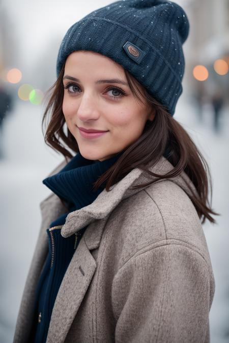 professional portrait photograph of (d4merd4sh:0.99), in winter clothing, beautiful face, cute natural makeup, freckles, wearing elegant winter fashion clothing, ((standing outside in snowy city street)), stunning modern urban upscale environment, ultra realistic, concept art, elegant, highly detailed, intricate, sharp focus, depth of field, f/1. 8, 85mm, medium shot, mid shot, (centered image composition), (professionally color graded), ((bright soft diffused light)), volumetric fog, trending on instagram, trending on tumblr, hdr 4k, 8k, (closeup portrait:1.2), (smile512:1.1)