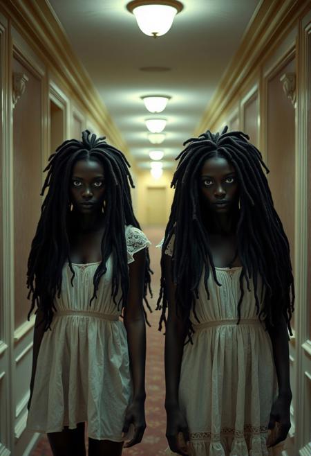 a photograph of two creepy brown skinned adult women twins with a blank facial expressions with glowing white eyes, wearing vintage dirty white babydoll dresses, wild long dreadlocks that completely cover their face, they are standing at the far end of a long hotel corridor, analog photo, Sony - Cinema Line FX30 Super 35 Camera, inspired by The Shining by Stanley Kubrick.