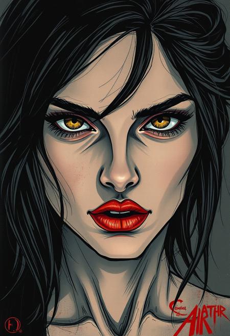 A portrait of a woman with piercing eyes, her face blending between hyper-detailed realism and abstract brushwork, evoking both myth and modernity
expressive modernist realism meets hyper-detailed comic book illustration, dynamic compositions with bold yet fluid linework, rich and moody color palette, dramatic lighting with strong contrasts, highly detailed textures and intricate cross-hatching, surreal and symbolic elements blended with grounded realism, emotional depth in expressive characters, painterly abstraction fused with precise anatomical rendering, storytelling through movement and layered perspectives, fusion of classical fine art aesthetics with contemporary graphic narrative techniques