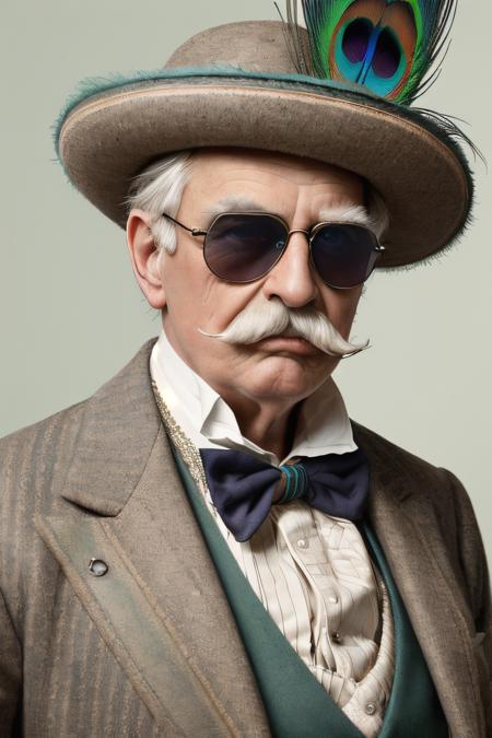 hyper detailed photograph of a cool chilled confident elderly Victorian 1gentleman with an extravagant large straight symmetrical 1moustache,  wearing round 1sunglasses,  peacock feather in hat,  muted pastel colour scheme,  studio lighting,  plain background