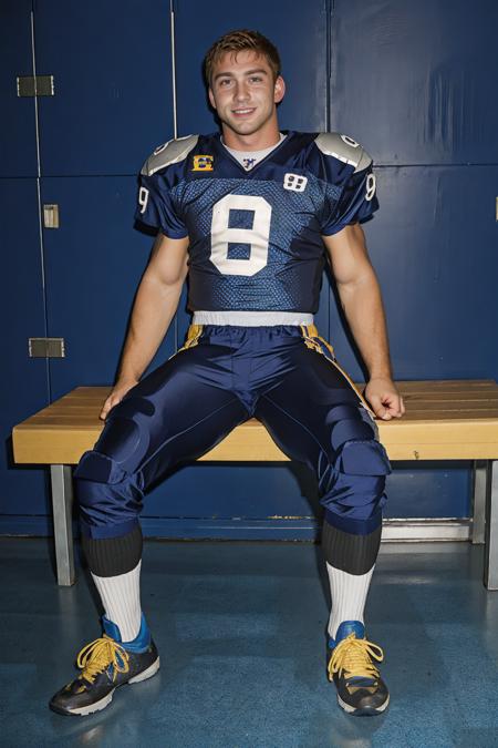 In an American football locker room, (sitting on a locker room bench), legs spread open, muscular ConnorMaguire is a (American football player) wearing (((blue color jersey))), ((shoulder pads)), ((jersey number 88)), (((blue football pants and pads))), ((gray socks)), (long socks), (white sneakers), sandy blonde hair, slight smile, photorealistic, masterpiece, (((full body portrait))), (full body), wide angle, (high face detail),   <lora:ConnorMaguire:0.8>