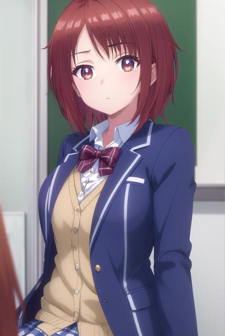 chitoseshirakawa, <lora:chitose shirakawa s1-lora-nochekaiser:1>,
chitose shirakawa, short hair, (brown eyes:1.5), red hair,
BREAK skirt, bow, school uniform, jacket, pleated skirt, plaid, plaid skirt, blazer, cardigan,
BREAK indoors, classroom,
BREAK looking at viewer, (cowboy shot:1.5),
BREAK <lyco:GoodHands-beta2:1>, (masterpiece:1.2), best quality, high resolution, unity 8k wallpaper, (illustration:0.8), (beautiful detailed eyes:1.6), extremely detailed face, perfect lighting, extremely detailed CG, (perfect hands, perfect anatomy),