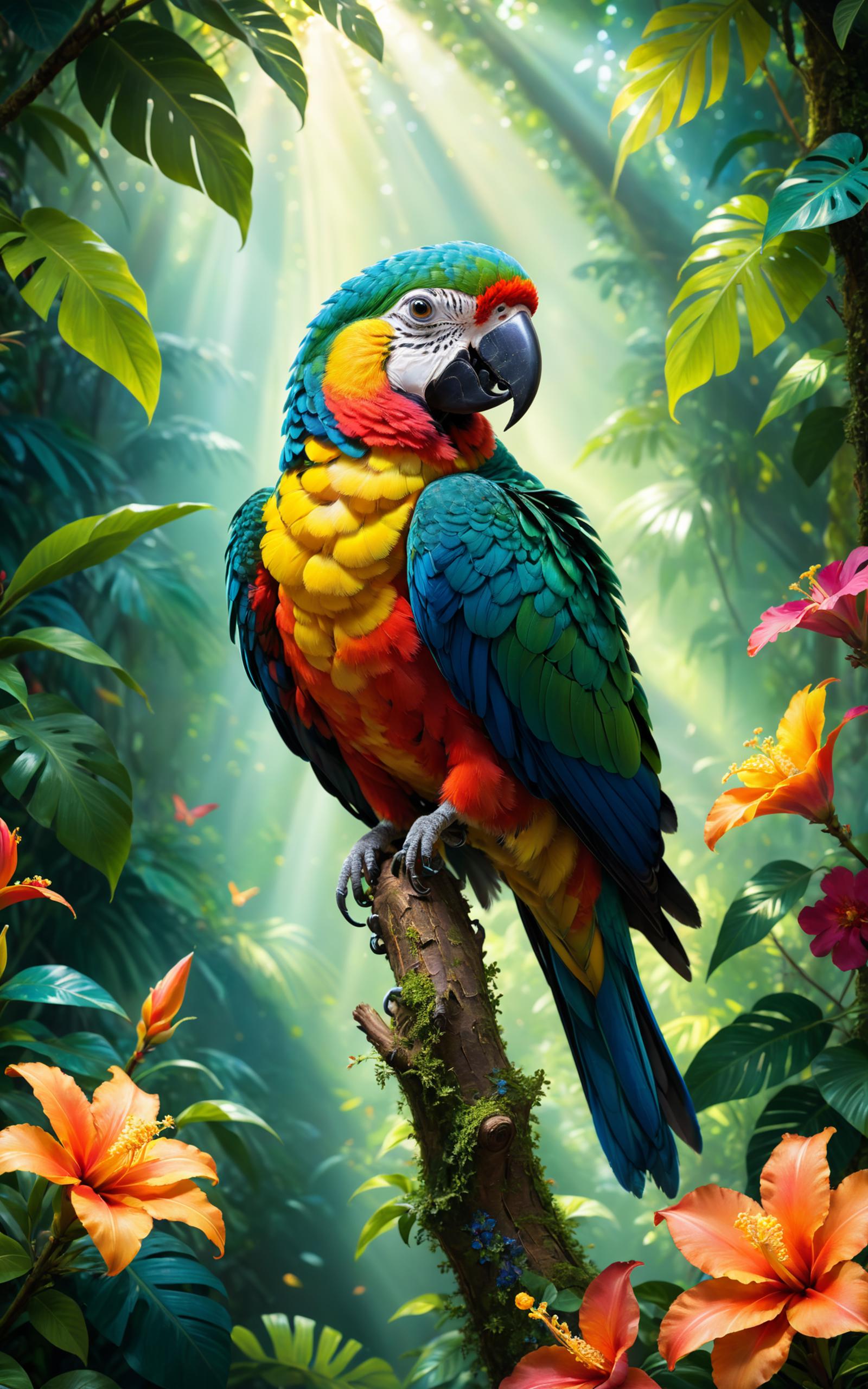 A vibrant colorful parrot perched on a branch surrounded by flowers and other tropical elements.
