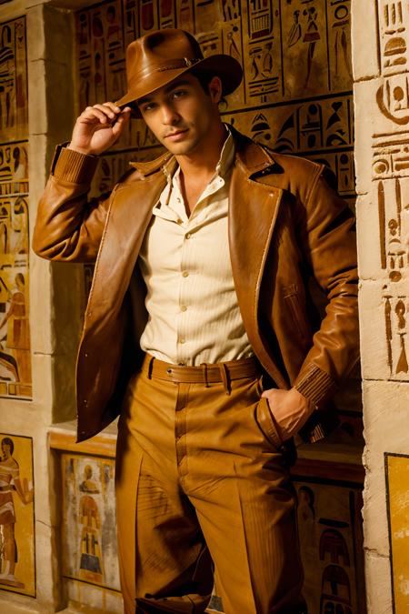 1930's style, inside tomb of Egyptian Pharaoh, hieroglyphics on walls, ColbyTaylor dressed as Indiana Jones in Raisers of the Lost Ark, white cotton dress shirt, ((wearing a brown fedora)), ((brown leather jacket)), ((brown trousers):1.5), cotton trousers, brown socks, holster on belt, pistol in holster, dynamic pose, (holding a braided whip:1.4), (((full body portrait))), wide angle,   <lora:ColbyTaylor:0.8>