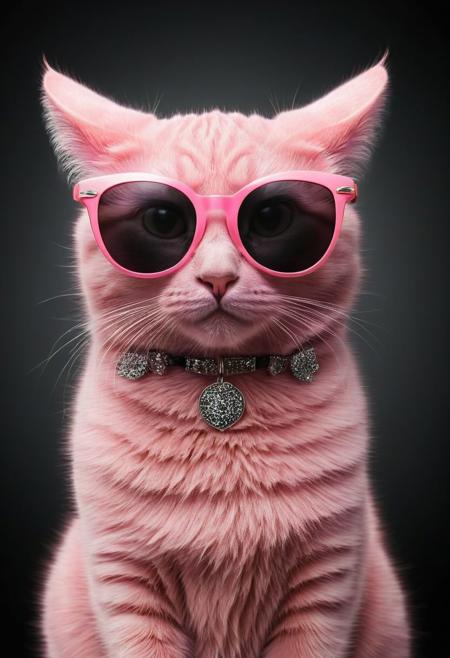 (best quality, 8K, high resolution, masterpiece), ultra detailed, (3D CGI), a beautiful pair of sunglasses, trendy, fashionable, pink, silver and black stylized Cat-eye shape, on a black background, countryside advertising, winning photo,