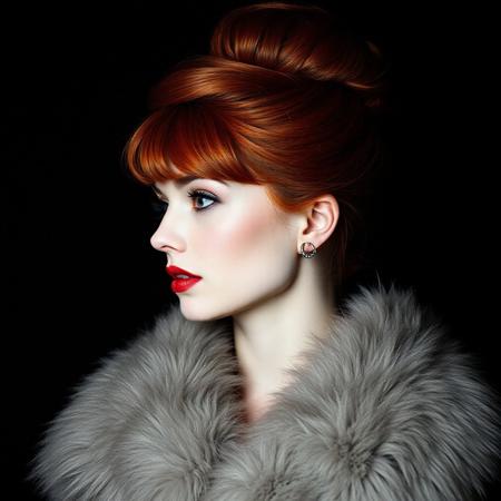 35 mm monochrome photo, a close-up shot, professional portrait of 25 year old Christina Hendricks. (Profile headshot) accentuating her gorgeous hair, her vibrant red hair is in color, her hair is up in an enormous single bun, swept bangs, pronounced lips, open mouth, freckles, beautiful face, cute face, confident, light makeup. She’s wearing a luxury mink coat with designer hoop earrings, Against a black background, dim front lighting creates an eerie feel that accentuates her beauty.