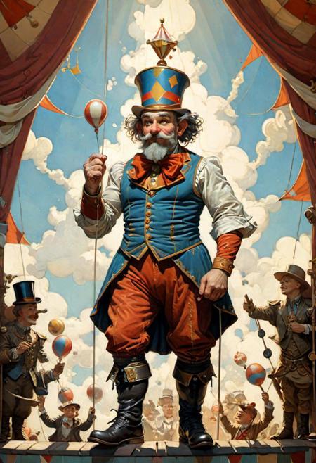 dwarf from a circus, in the style of peter gric, realist fine details, asaf hanuka, nostalgic rural life depictions, frank xavier leyendecker, dynamic balance, close-up, contre jour, light background, midjourney v6 style
