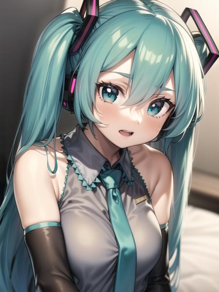 1girl, grey shirt, necktie, sleeveless, hatsune miku, aqua hair, aqua eyes,
detached sleeves, upper body,
<lora:houtengeki_new_scale0.85:1>