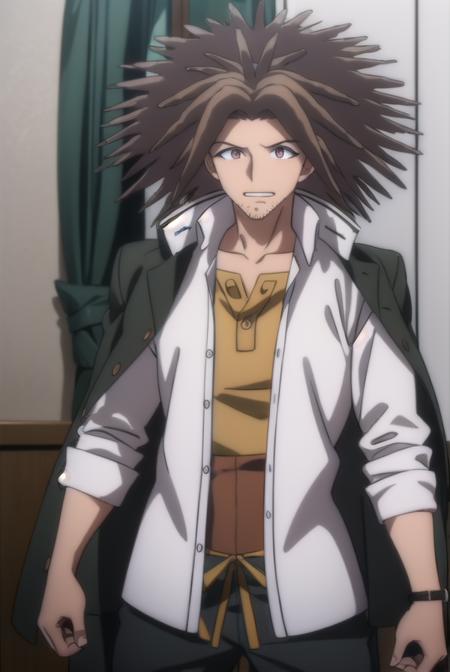 yasuhirohagakure, <lora:yasuhiro hagakure s1-lora-nochekaiser:1>,
yasuhiro hagakure, bangs, brown hair, (brown eyes:1.3), male focus, facial hair, dreadlocks, smile, grin,
BREAK shirt, collarbone, jacket, white shirt, open clothes, collared shirt, open jacket, black jacket, dress shirt, brown shirt,
BREAK indoors, classroom,
BREAK looking at viewer, (cowboy shot:1.5),
BREAK <lyco:GoodHands-beta2:1>, (masterpiece:1.2), best quality, high resolution, unity 8k wallpaper, (illustration:0.8), (beautiful detailed eyes:1.6), extremely detailed face, perfect lighting, extremely detailed CG, (perfect hands, perfect anatomy),