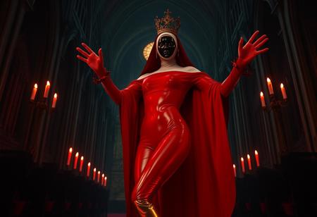 ((score_9, score_8_up, score_7_up)), (((character design, sci-fi warrior women, feminine power, perfect anatomy))), 
An enigmatic figure of a (occult)nun(caucasian), her red (skintight_sealed_bodysuit)habit sexy, conducting a sensual occult ritual inside a dark cathedral at (red)midnight. Her (eyeless)mask, elaborate crown, (fully)conceals her identity, adding to her mystique and allure. gold stiletto platform thigh boots, big breasts, tiny waist, flat abs, naughty, looking at viewer, seducing with her body, dancing towards viewer with her arms extending up, sexy ass seductive wide hips, butt cheeks, twerk, huge perky breasts, in the style of a vintage, high-contrast setting. Emphasize theatrical elements with a bit of bright colors against dark, moody backgrounds
,big butt, booty, bubble butt, <lora:add-detail-xl:2>