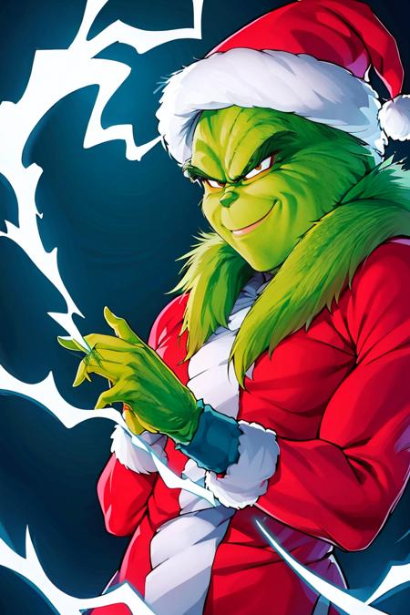 <lora:ricegnat_style:0.8>,
((masterpiece,best quality)), absurdres,
(energy, aura, electricity,:1.1) ,
muscular,
<lora:Grinch_v2:0.8>, Grinch,
Grinch_Classic, green skin, green fur,
simple background, 1boy, upper body, male focus, black background, christmas, santa costume, 
<lora:Super_Saiyan_4_Goku_Anime:0.6>, Super_Saiyan_4_Goku, male focus, super saiyan, tail, wristband, pants, red fur, black hair, solo, smiling,
looking at viewer, cowboy shot,