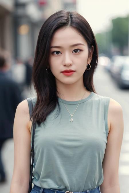 a woman, (realistic), (hyperrealism), (photorealistic), depth of field, eye makeup:0.5, (upper body:1.2), (narrow waist:0.7), looking at the viewer, casual outfit, at the city streets, <lora:httpyujin:0.45>