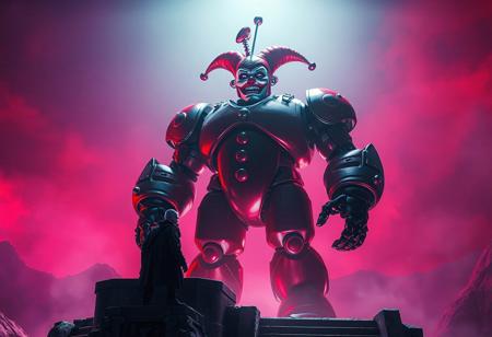 "Capture a dramatic, high-definition image of Saggi the Dark Clown robot standing atop the Orca Mega-Fortress of Darkness, set against a backdrop of a red, blue, purple, and black fade. The robot should be in an action pose, with a spotlight highlighting its attractive, beefy form and pompous expression. An old man can be seen in the scene, standing near a pillar and the singularity. Utilize a red and teal color scheme, with a focus on hyperrealistic details, cinematic lighting, and depth of field. The final image should resemble a still from a high-budget film or a visually striking 4K wallpaper, trending on ArtStation."