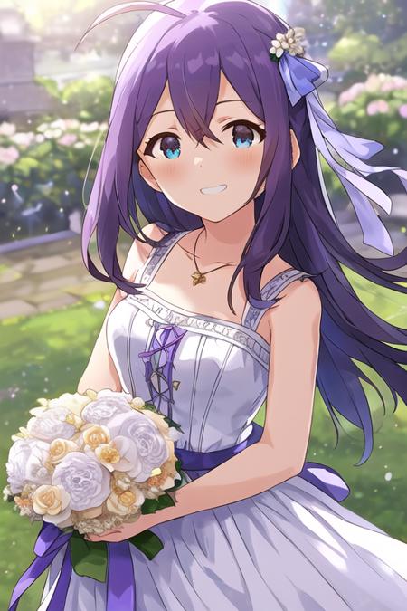 ANNA MOCHIZUKI,
Rarity SSR,
1girl, ahoge, aqua eyes, bare arms, bare shoulders, blue ribbon, blurry, blurry background, blush, bouquet, buttons, cowboy shot, crossed bangs, day, dress, flower, frilled dress, frills, glint, grin, hair between eyes, hair ribbon, half-closed eyes, hands up, holding, holding bouquet, jewelry, lens flare, light particles, lily (flower), long hair, looking at viewer, looking to the side, necklace, outdoors, pendant, purple hair, ribbon, ribbon-trimmed dress, ribbon trim, sleeveless, sleeveless dress, smile, solo, standing, sundress, symbol-only commentary, uneven eyes, white dress, white flower, white ribbon, wristband
<lora:mirishita-v1.0:1>