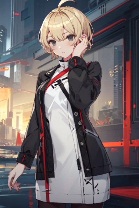 ShiLuHonkai, 1girl, solo, blonde hair, short hair, long sleeves, white dress, black jacket, ahoge, black pantyhose, open jacket, grey eyes, 