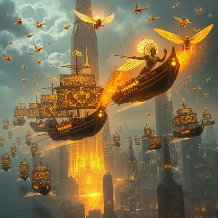 Surreal fantasy scene where hundreds of Anubis's ancient Egyptian drakkars made of dark obsidian and shadow-wax sail across golden nectar seas and rise into the sky, launching an attack on a glowing, futuristic New York City. Each ship carries Anubis’s glowing army, radiant with ancient power, and decorated with mystical runes and amber crystal details. Above the fleet, Cleopatra floats in mid-air, glowing with golden magical energy, her honeycomb-shaped armor radiating power as she leads the charge from the skies. Massive beehive towers drip radiant honey in the background, glowing bees the size of birds swirl through golden pollen mist. New York shimmers like a hive of glass and gold, under siege. Cinematic lighting, surreal honey fantasy style, ultra-detailed, 4K, mystical textures, glowing particles, warm amber and obsidian palette.