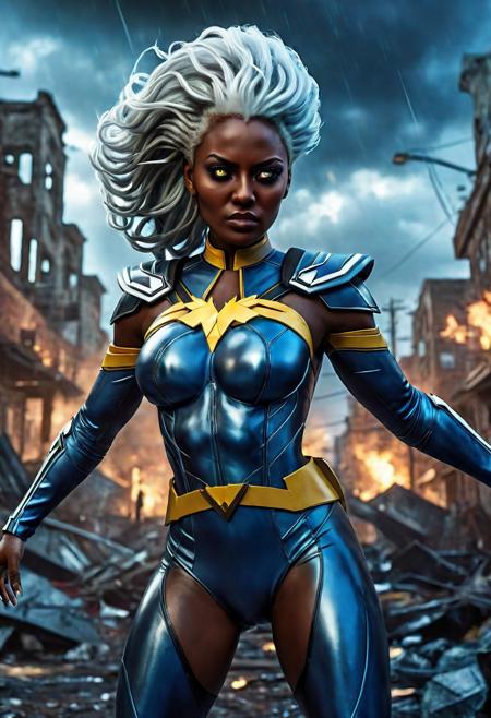 UltUltra detailed digital art masterpiece, Hyperdetailed, hyperrealism, extremely high resolution of Beautiful black Superheroine Ororo Munroe as Storm, Greg Rutkowski style, stands in a bloody, sinister battle in the streets of a ruined city, Realistic black eyes, wavy grey hair, Intricately designed blue and yellow X-Men Superheroine combat costume with X logo, Marvel, X-Men, 8K, deep color, Cinematic Lighting, intricate smooth, sharp focus digital painting, Artgerm, WLOP, Greg Rutkowski, Beautiful 21 years old Ororo Munroe as Storm, Intricately Designed handsome black face, Marvel comics, Realistic combat dirty clothing, perfect whole athletic body, defiant and seductive, Photograph Taken on Nikon D750, Intricate Elegant, Digital Illustration, Scenic, Unreal Engine, CryEngine, Octane Render, 8k, Designed combat clothes, Attractive, Attractive black woman, dramatic lighting, wet and sweaty skin, beautiful firm Breasts, Daylight, Concept art by Greg Rutkowski, adding to the intense and dynamic atmosphere of the scene