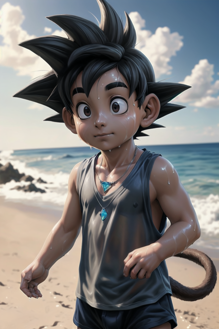 <lora:GotenV1:0.75>,gotenv1, spiked hair, collarbone, black hair,young,kid,human, male, (wet,translucent clothing ,tank top, shirt, topwear, bottomwear), monkey tail, beach, seaside, partially submerged ,front view, 5 fingers, bear tail, crystal necklace,
BREAK,
by zephyxus, by thebigslick, by personalami, by snowskau, (intricate, high detail, film photography, soft focus, RAW candid cinema,
photorealism, realistic, photorealistic, analog style, subsurface scattering,
masterpiece, best quality, ultra realistic, 8k)