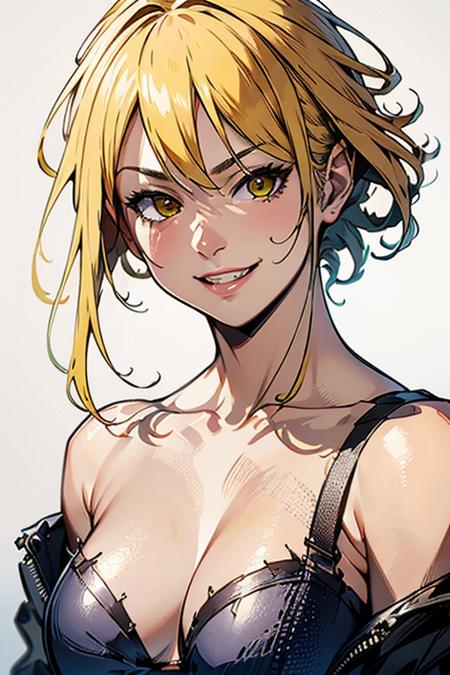 Yellow hair,Yellow eyes,bare_shoulders,evil smile,fishnet legwear, 