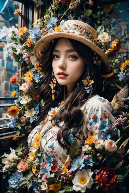 1girl,(full body:1.4),dolichoscelia,White boots,solo,hat flower,headphones,zipper,
cinematic lighting,strong contrast,romantic realism style,high level of detail,(dreamlike scenes),Rose,Yellow flower,Red flower,The bird,unit,,Make up,jewel,Headwear,<lora:bj_Alice:0.7>