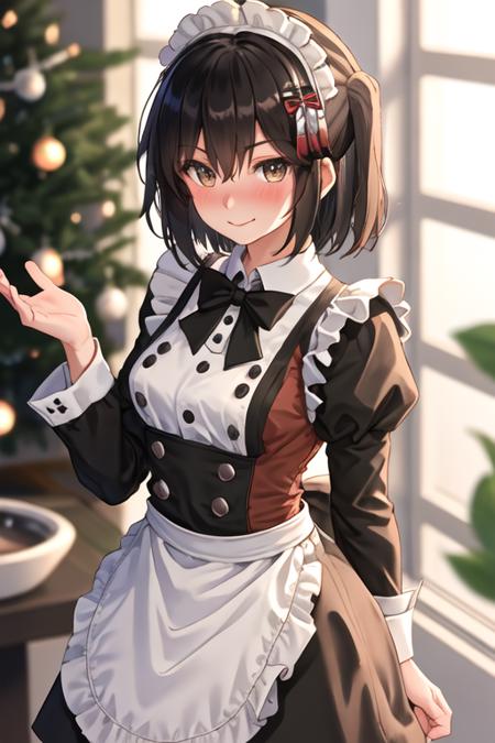 best quality, masterpiece, highres, solo, {sendai_kantaicollection:1.15}, two_side_up, brown_eyes, short_hair, brown_hair, hair_ornament, bangs, smile, serafuku, blush, black_hair, hair_between_eyes, 1girl, alternate_costume, apron, dress, enmaided, frills, looking_at_viewer, maid, maid_apron, maid_headdress, white_apron, black_dress, frilled_apron, juliet_sleeves, long_sleeves, puffy_sleeves, blurry, blurry_background, closed_mouth, depth_of_field, hand_on_own_chest, indoors, nose_blush, upper_body