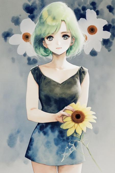 cowboy shot, solo, 1girl, light green hair, dark grey eyes, lens flare, Gerbera \(flower\), floral background, watercolor \(medium\) <lora:Mikimoto_haruhiko_style_v02:1>