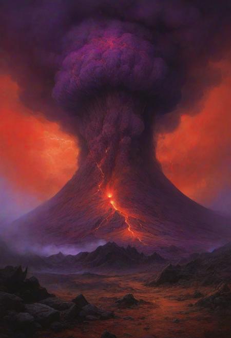 landscape, volcano, ash, gray stone, digital artwork by Beksinski, 18 years old,  vibrant colors, red theme, purple theme, storm, eruption, lightnings