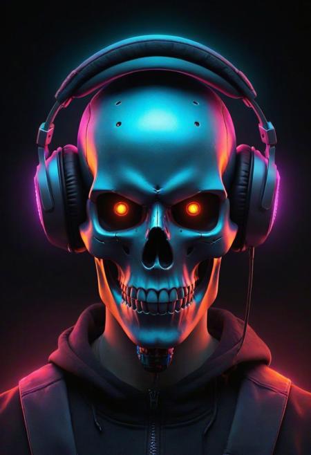 A cybernetic marvel unfolds: A skull adorned with headphones emerges in front of a dark background, creating a ghostpunk aesthetic in this epic digital art piece. This professional and captivating portrait captures the essence of a DJ in the cyber realm, radiating a synthwave vibe. The combination of a death skull and fantasy elements results in a beautiful digital artwork that stands out as the best on ArtStation. This smooth and detailed creation, portraying a night-time raid, exemplifies great digital artistry. With its blend of scary yet colorful elements, this trending digital art piece epitomizes the portrait of a cyber skeleton in a mesmerizing and haunting manner.