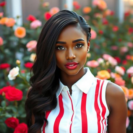 A portrait of a beautiful lady with chocolate skin, long, wavy black hair, dark brown eyes, and soft red lipstick, wearing a white sleeveless button-down shirt with large red vertical stripes, the light shining from above her head at a 45-degree angle, against a colorful rose garden.