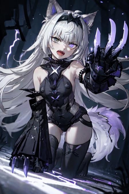 wolf ears, white hair, very long hair, green eyes, heterochromia, black hairband, detached collar, detached sleeves, wide sleeves, black leotard, hip strap, black thighhighs claw, claws \(weapon\), glowing purple lightning wolf tail