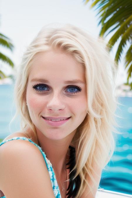 a beautiful [blonde] woman on a yacht, vacation, island paradise in the background, perfect face, clear eyes, smiling, close up, 8k, uhd, raw, masterpiece <lora:janoukKelderman:1>