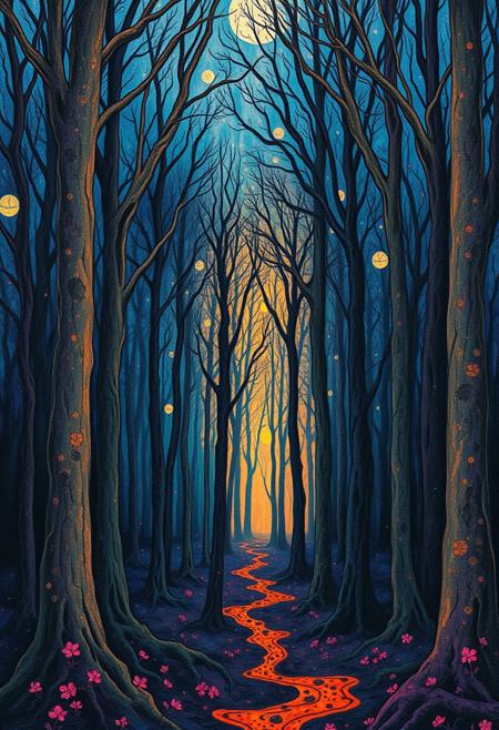 Historical medieval painting of a forrest. Highly ornamental abstract psychedelic style. Eerie, serious, mystical, occult, malicious atmosphere. Highly intricate, sharp details, dirty oil texture. Vibrant shades of blue, purple, and orange.