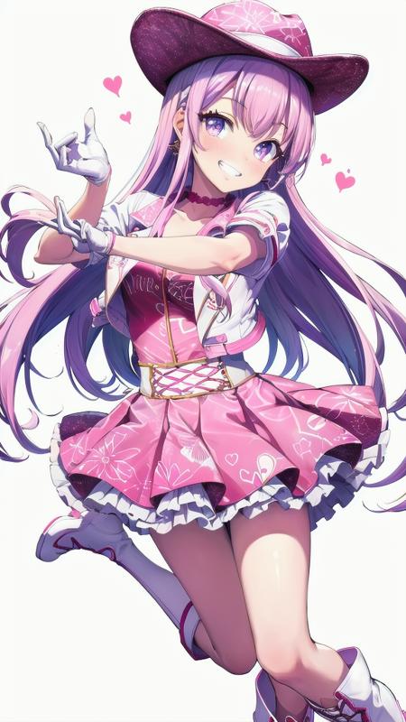 sp-hotaru, long hair, skirt, hat, gloves, dress, purple eyes, pink hair, short sleeves, frills, white gloves, white footwear, knee boots, pink headwear, 