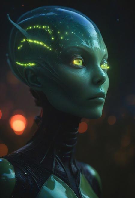 Ultrarealistic. sharp focus, dynamic lighting. play of light, reflection, refraction, Raytracing, Ultra detailed. Alien themed. alienworld. Feminine humanoid alien, outdoors, scenery, starry night sky,