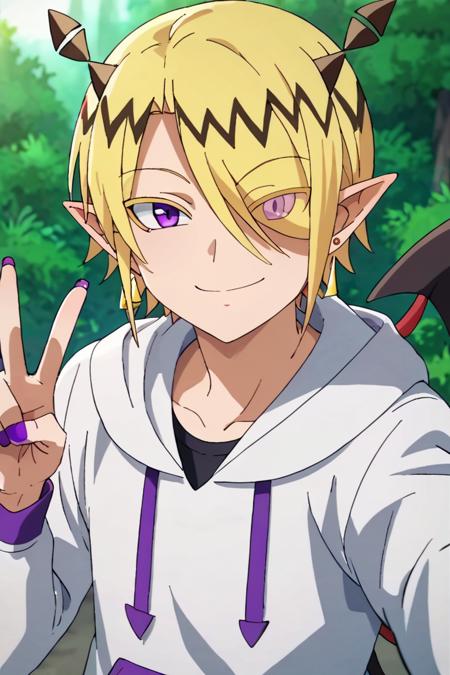 Shax Lied,blonde hair, purple eyes,earring,pointy ears, horns, hair over one eye, demon tail, Shax Lied,blonde hair, closed eyes,earring,pointy ears, horns, hair over one eye, demon tail, purple nail, Fangs