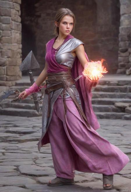 (photo:1.35) (D&D character) (monk/fire sorceress:1.27) tan (Age 21) (shorter layered hair, light brunette:1.27)  (28B-23-31 figure:1.33) makeup (silver/pink attire:1.23), athletic, (blue eyes:.9), in monastery, (casting Fire Bolt to the side), full portrait to knees, realistic, HDR