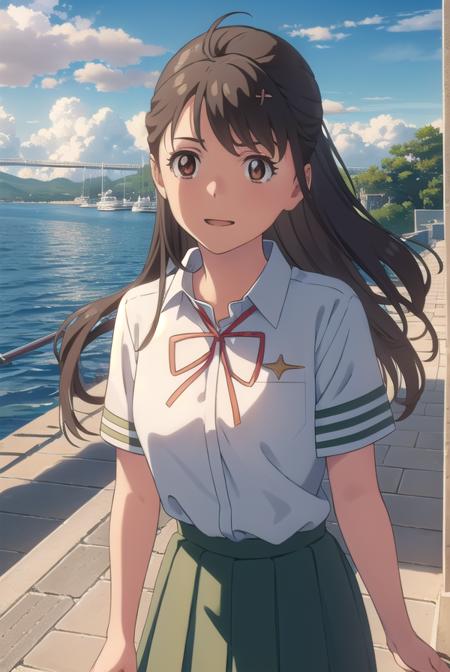 suzumeiwato, <lora:suzume iwato movie-lora-nochekaiser:1>,
suzume iwato, long hair, black hair, hair ornament, (brown eyes:1.5), hairclip, ponytail, smile,
BREAK skirt, shirt, ribbon, school uniform, white shirt, red ribbon, green skirt, long skirt,
BREAK outdoors, sky, day, cloud, sun,
BREAK looking at viewer, (cowboy shot:1.5),
BREAK <lyco:GoodHands-beta2:1>, (masterpiece:1.2), best quality, high resolution, unity 8k wallpaper, (illustration:0.8), (beautiful detailed eyes:1.6), extremely detailed face, perfect lighting, extremely detailed CG, (perfect hands, perfect anatomy),