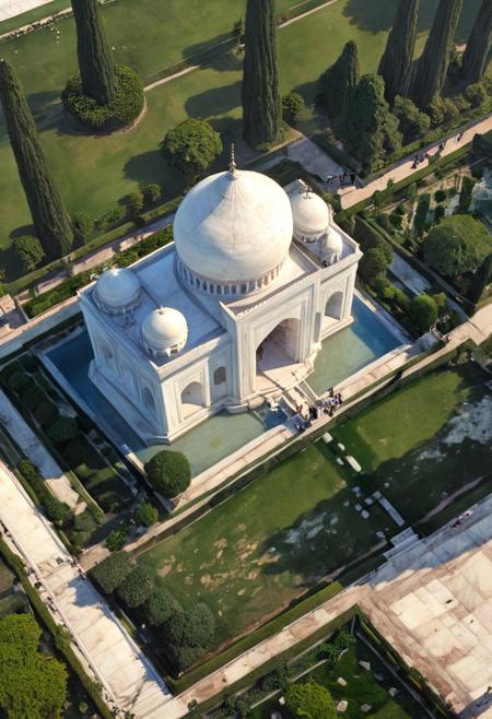 (highly detailed, hyper-realistic, ArsMJStyle, colored pencil hyperdetailed realism), top angled aerial view of the Taj Mahal, a stunning white marble mausoleum surrounded by meticulously designed gardens, pilgrims dressed in traditional Indian attire walking along the marble pathways leading to the entrance, the grand dome and minarets towering above the scene, the floor below them features intricate geometric patterns of black and white tiles, a serene reflecting pool in front of the mausoleum mirrors the grandeur of the structure, tall cypress trees line the pathways, casting long shadows over the manicured greenery, sunlight streaming through the clear sky, creating a warm golden glow that contrasts with the cool, reflective water, the atmosphere peaceful, reverent, and awe-inspiring, textures of the marble, water, and fabric captured in hyper-realistic detail using colored pencils.